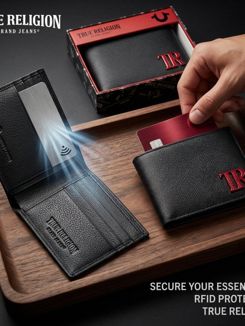 TRUE RELIGION Black Leather Bifold Wallet Logo Boxed RFID Gift for Men NWT